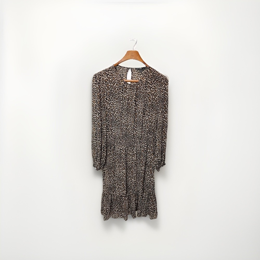 J. CREW Cinched Waist Dress in Leopard Chiffon long sleeve WOMENS Large Tall